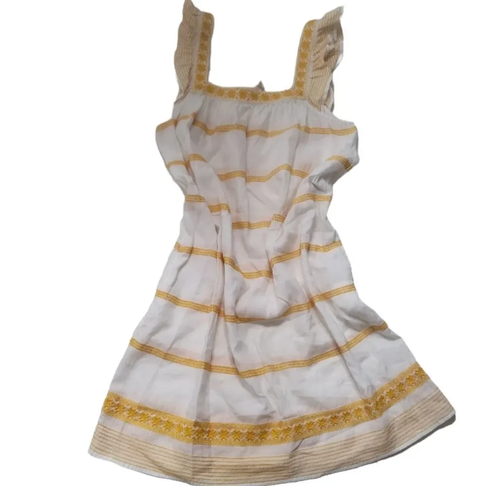 TORY BURCH Ruffle-Trimmed Embroidered Linen and Cotton-Blend Mini Dress Size‎ S